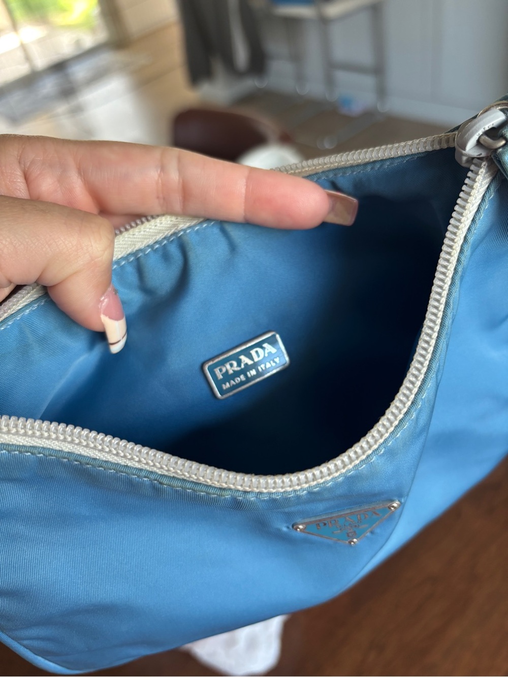 Prada Blue Nylon Shoulder Bag with Cream Strap - Picture 6 of 7